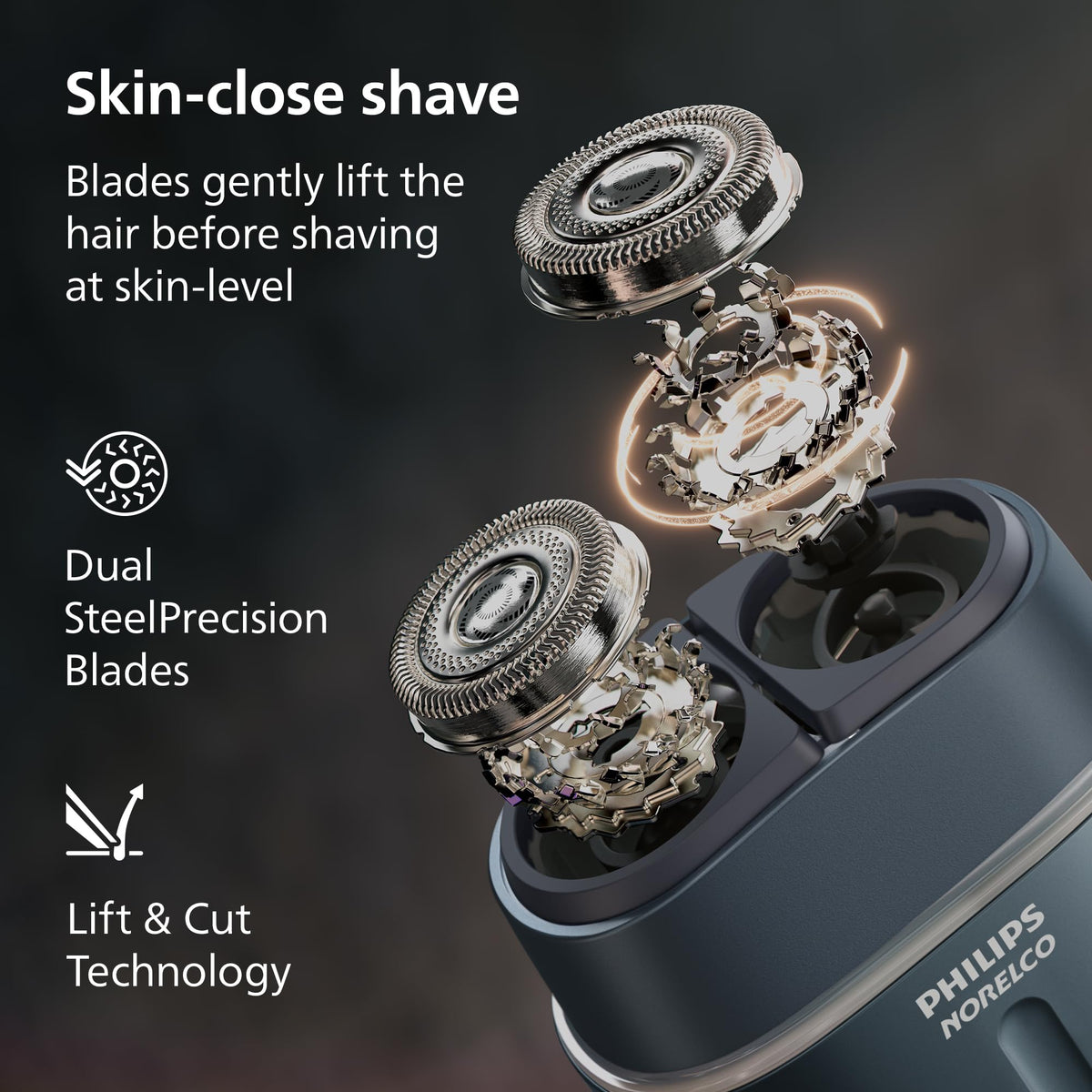 Norelco shaver 700 blade detail showing Dual SteelPrecision blades for precise cutting