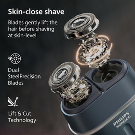 Norelco shaver 700 blade detail showing Dual SteelPrecision blades for precise cutting