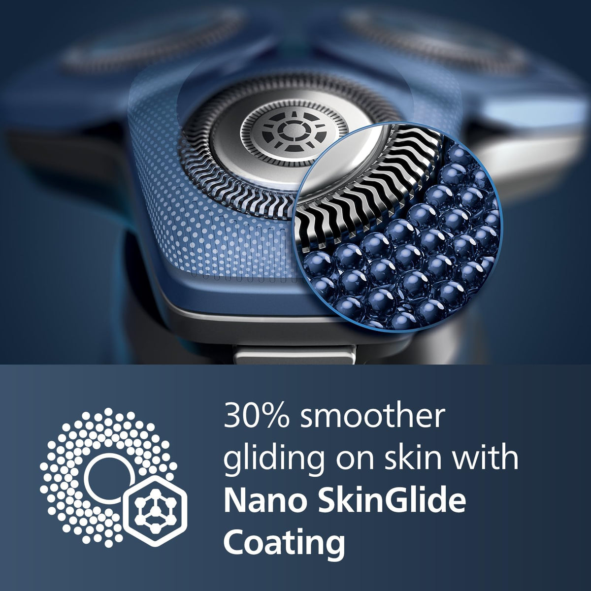 Norelco shaver 7300 blade detail highlighting SteelPrecision blades for fast close cutting