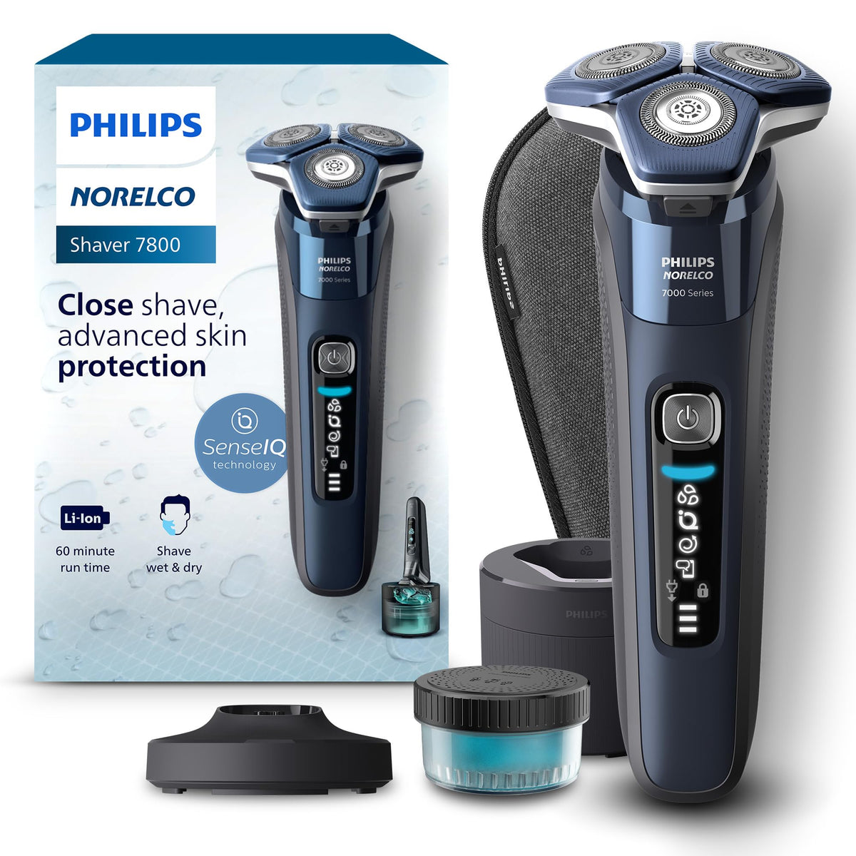 Norelco shaver 7800 front view showing ergonomic grip and controls for comfortable handling