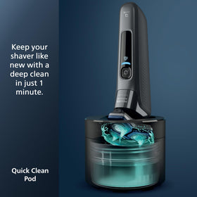 Norelco shaver 7800 lifestyle bathroom setup showing wet and dry use convenience