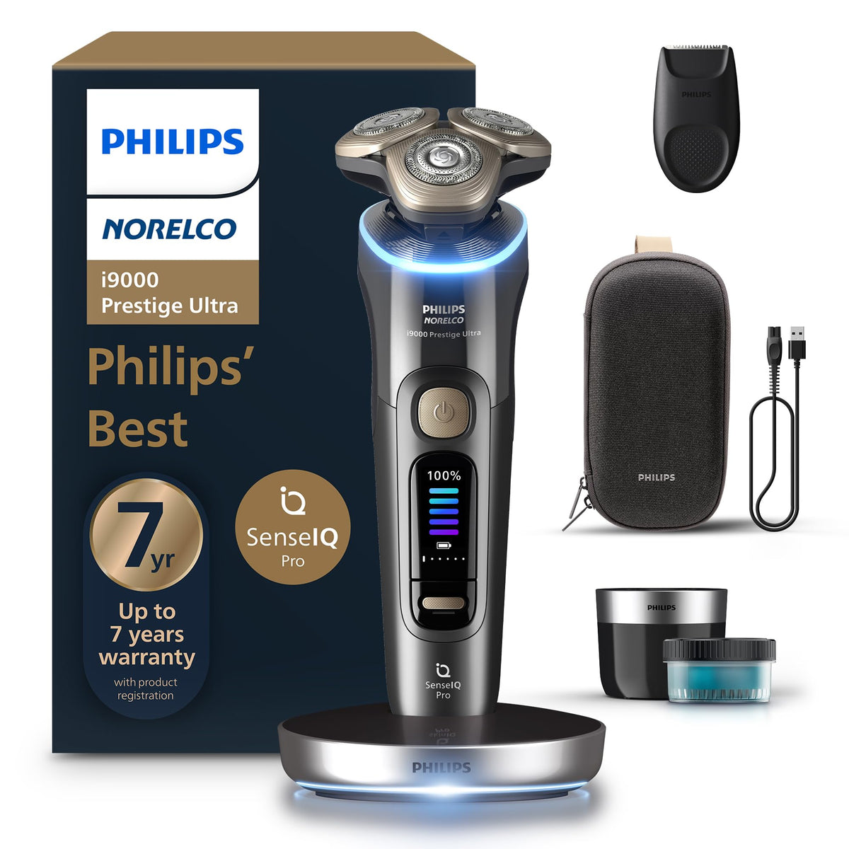 Philips Norelco i9000 front view showing three flexing heads and sleek dark slate finish for precision