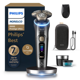Philips Norelco i9000 front view showing three flexing heads and sleek dark slate finish for precision