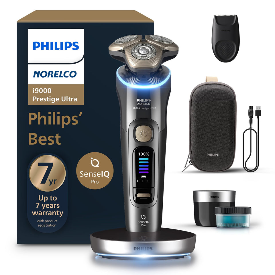 Philips Norelco i9000 front view showing three flexing heads and sleek dark slate finish for precision