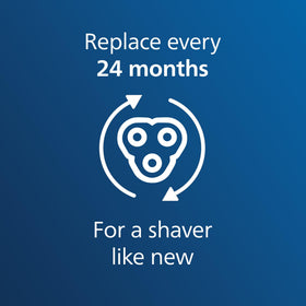 Norelco three-piece shaving heads arranged with user manual emphasizing complete replacement kit benefit