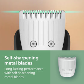 Norelco trimmer in use on beard delivering clean lines and consistent power