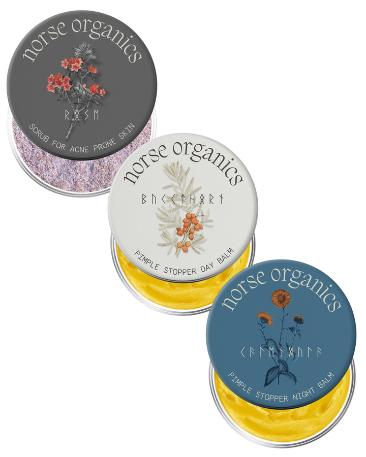 Norse Organics complete kit front view showing three-piece acne system benefits