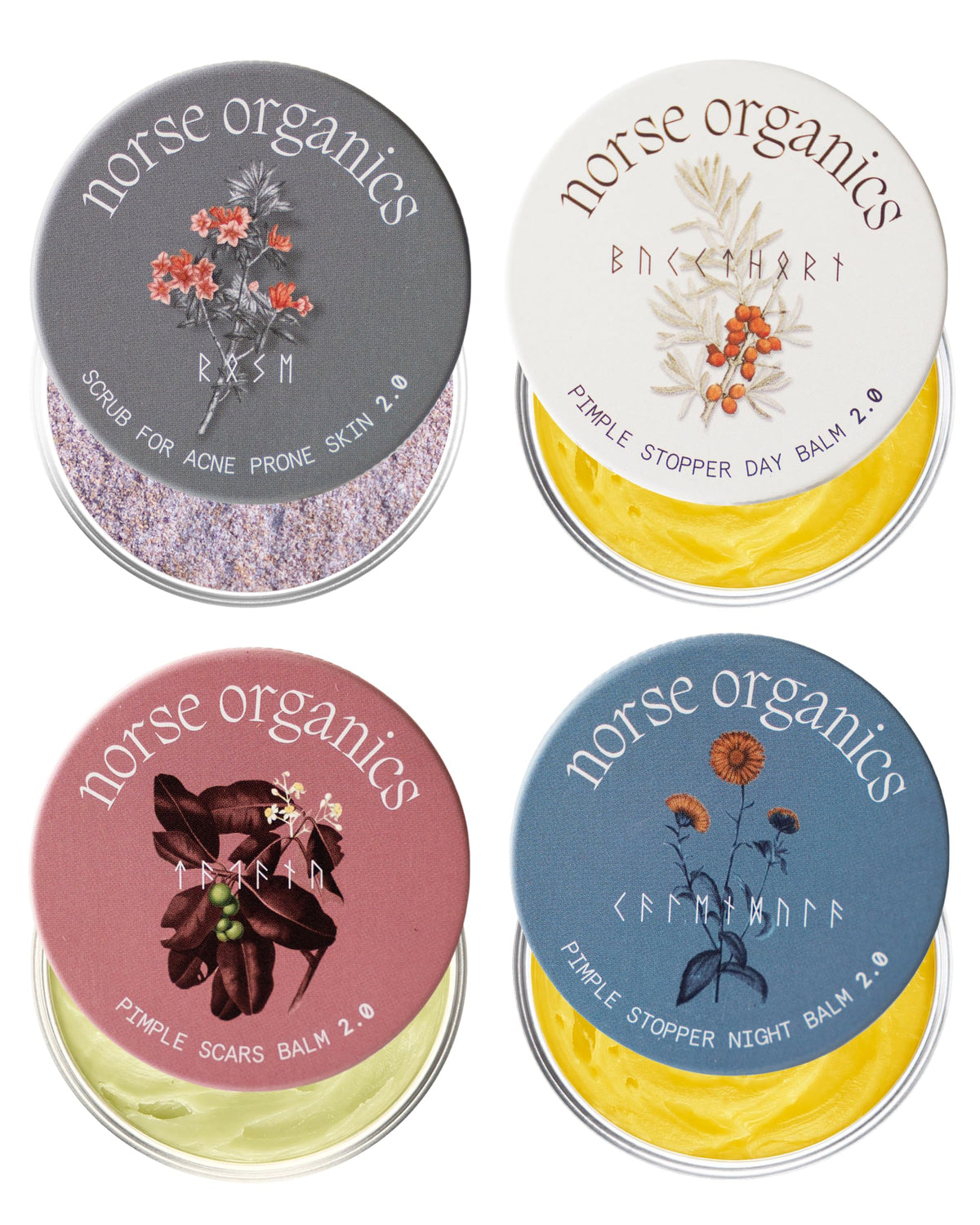 Norse Organics complete kit front packaging showing full four-piece acne system benefits