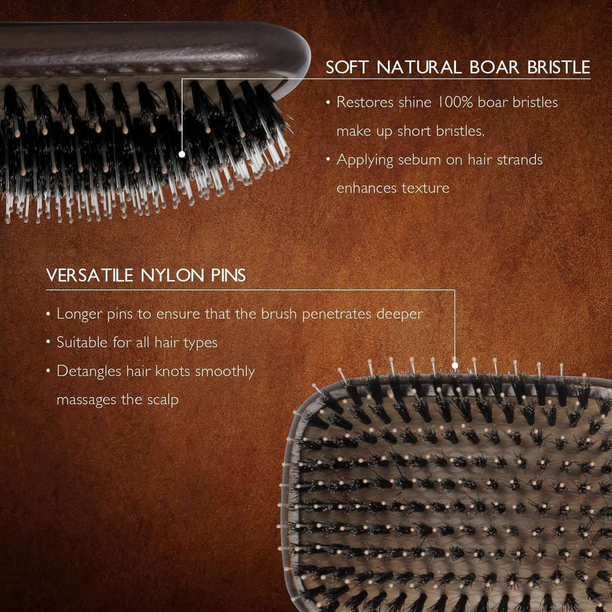 Norsewood close-up of boar and nylon bristles enhancing shine