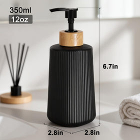 Nortsa Miira closeup bamboo pump head showing sturdy 4CC mechanism benefit: reliable thick-soap dispensing