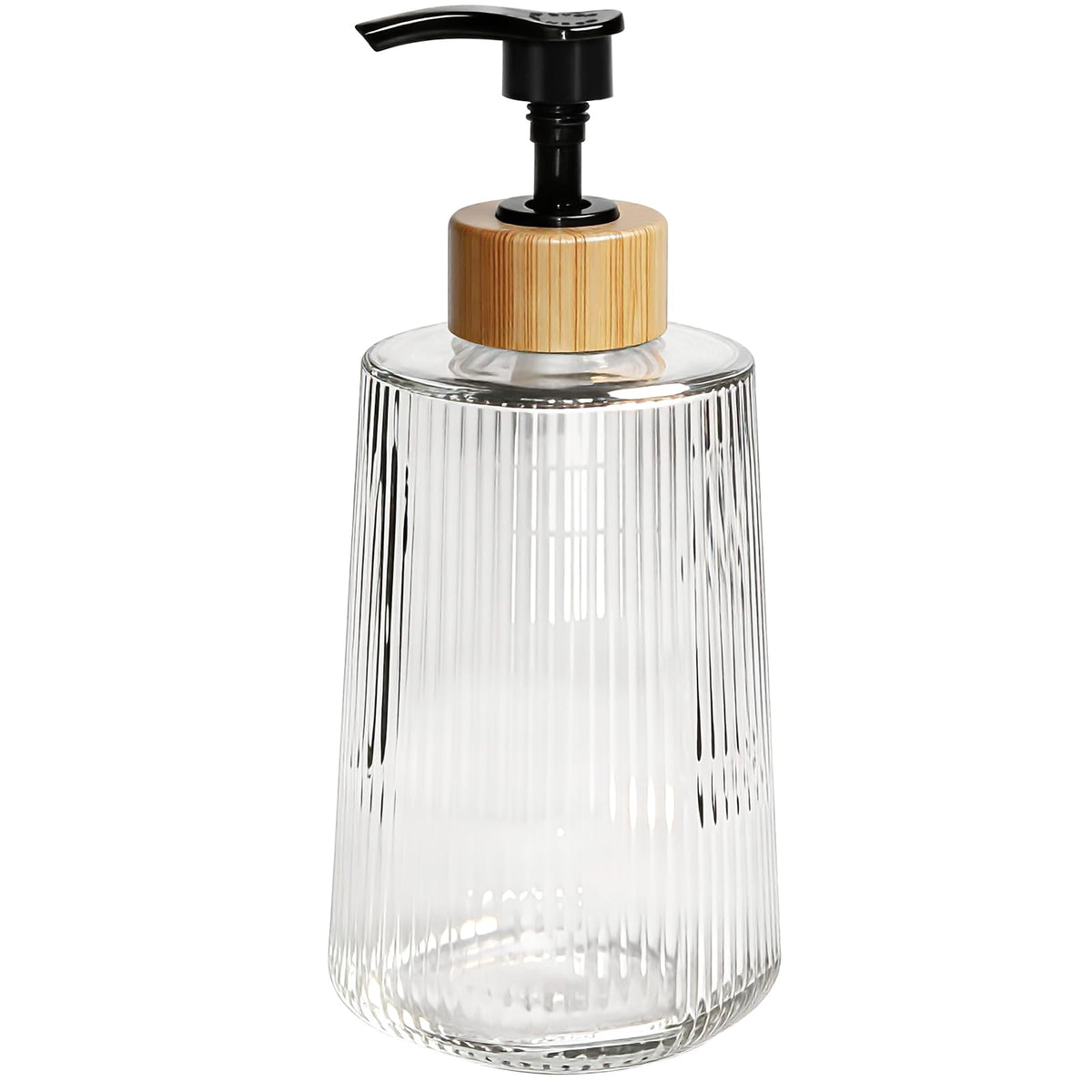 Nortsa Miira front view of clear glass dispenser showing label and pump benefits