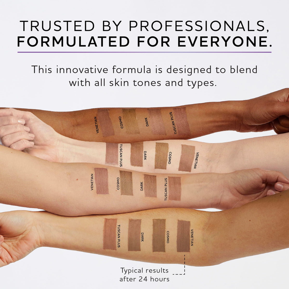 Norvell Venetian color swatch on arm illustrating deep natural bronze result