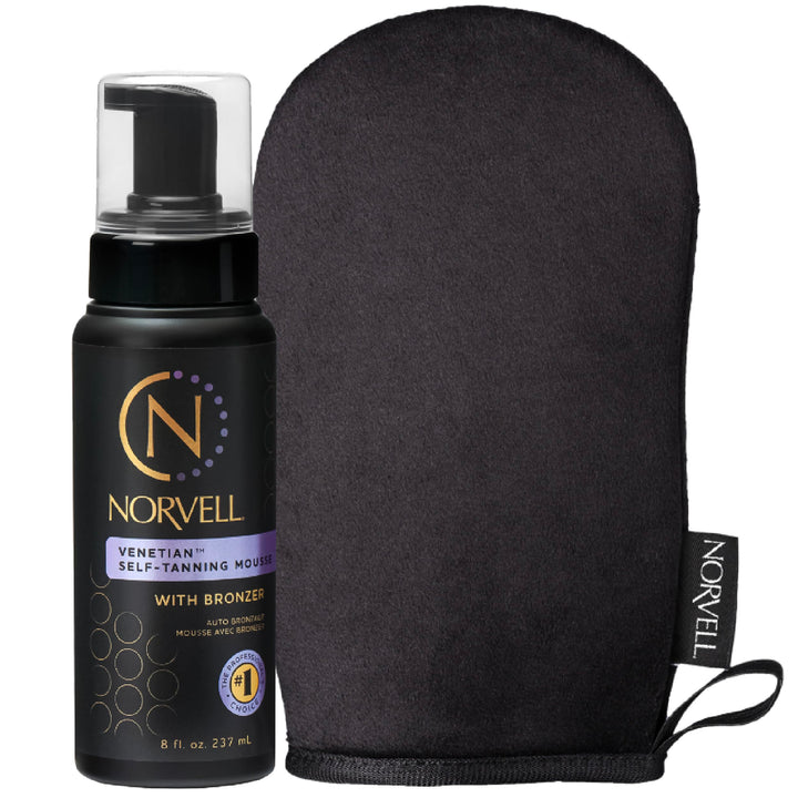 Norvell front packaging showing Venetian mousse and mitt, clear product identity and benefit