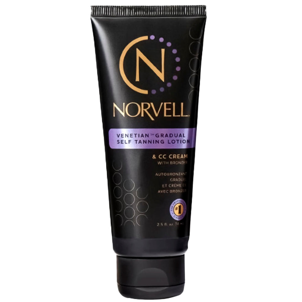 Norvell travel front packaging showing tube and branding for convenient tanning