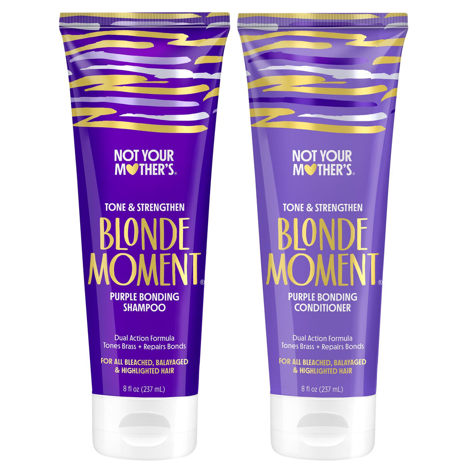 Not Your Mother's front packaging shows purple shampoo and conditioner, keeps blonde tones bright