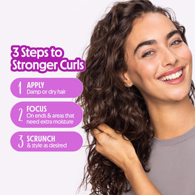 Not Your Mother's oil applied to damp curls demonstrating frizz control benefit