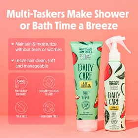 Not Your Mother's detangler spray being applied to child's hair for easier combing benefit