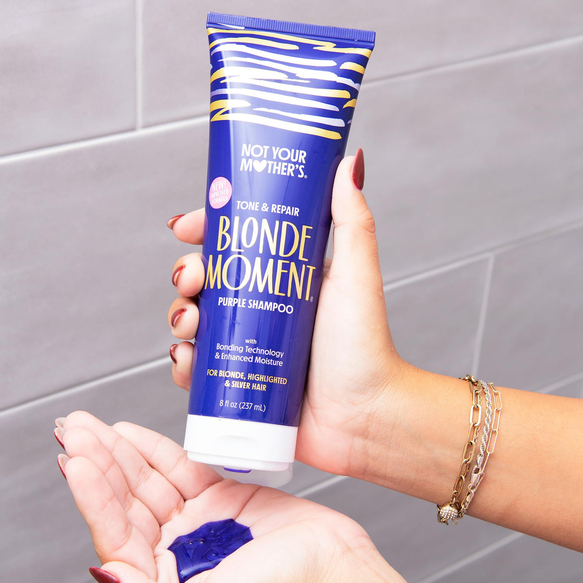 Not Your Mother's shampoo close-up dispensing lather, helps neutralize brassiness quickly