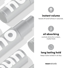 NOUN spraying powder at roots demonstrating instant volume and no mess