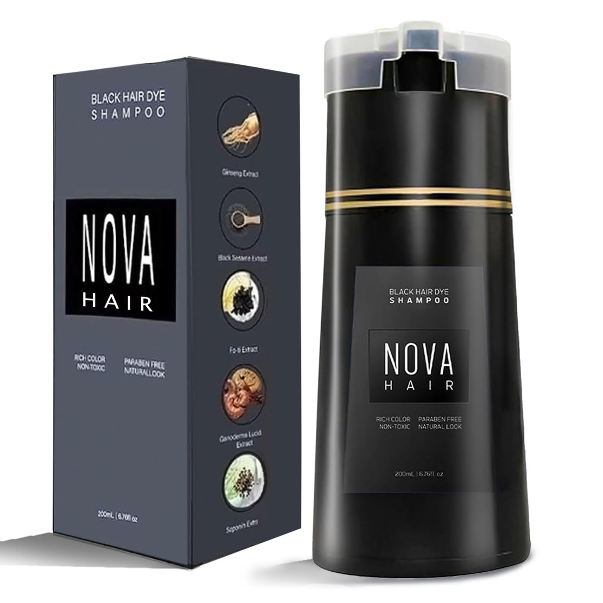 Nova Hair front packaging showing black 3-in-1 bottle and benefits