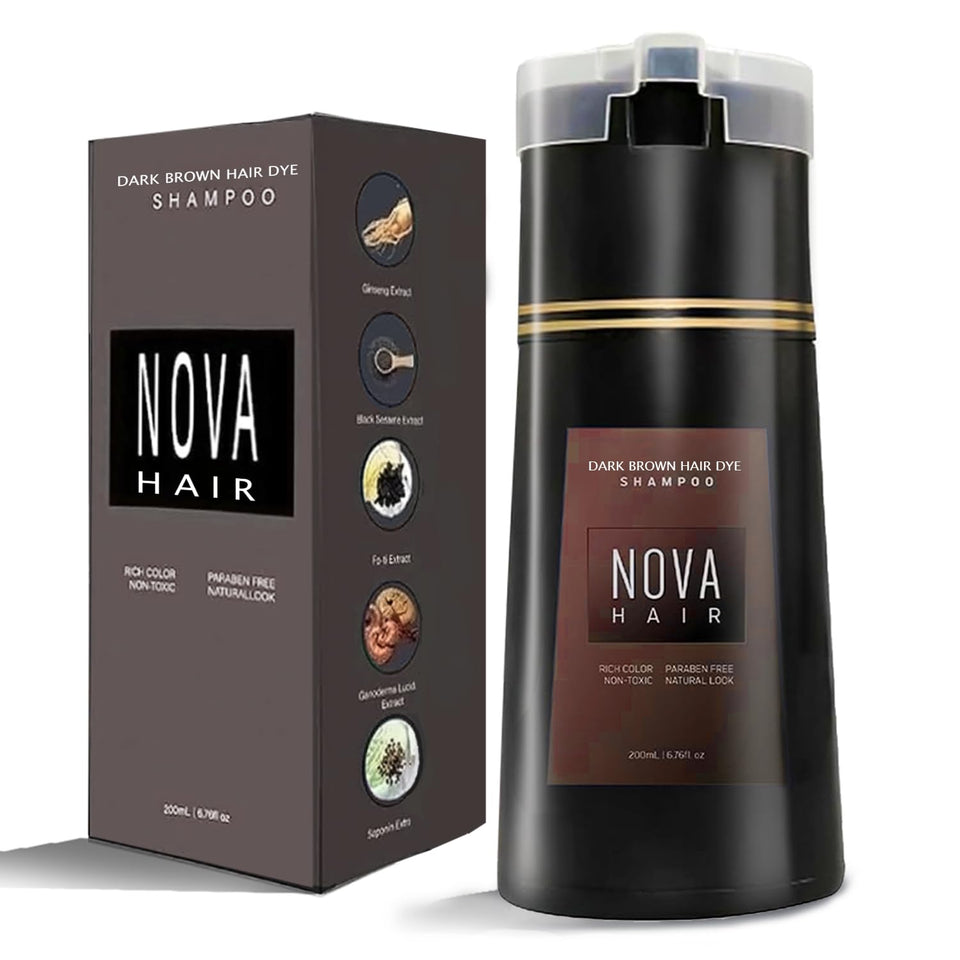Nova Hair front packaging showing dark brown bottle and quick color benefit