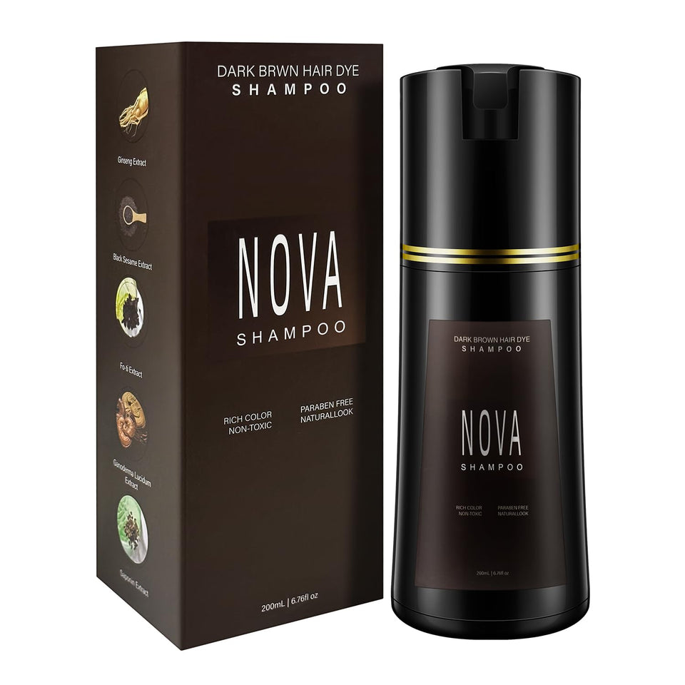 NOVA SHAMPOO front packaging showing dark brown bottle and benefits