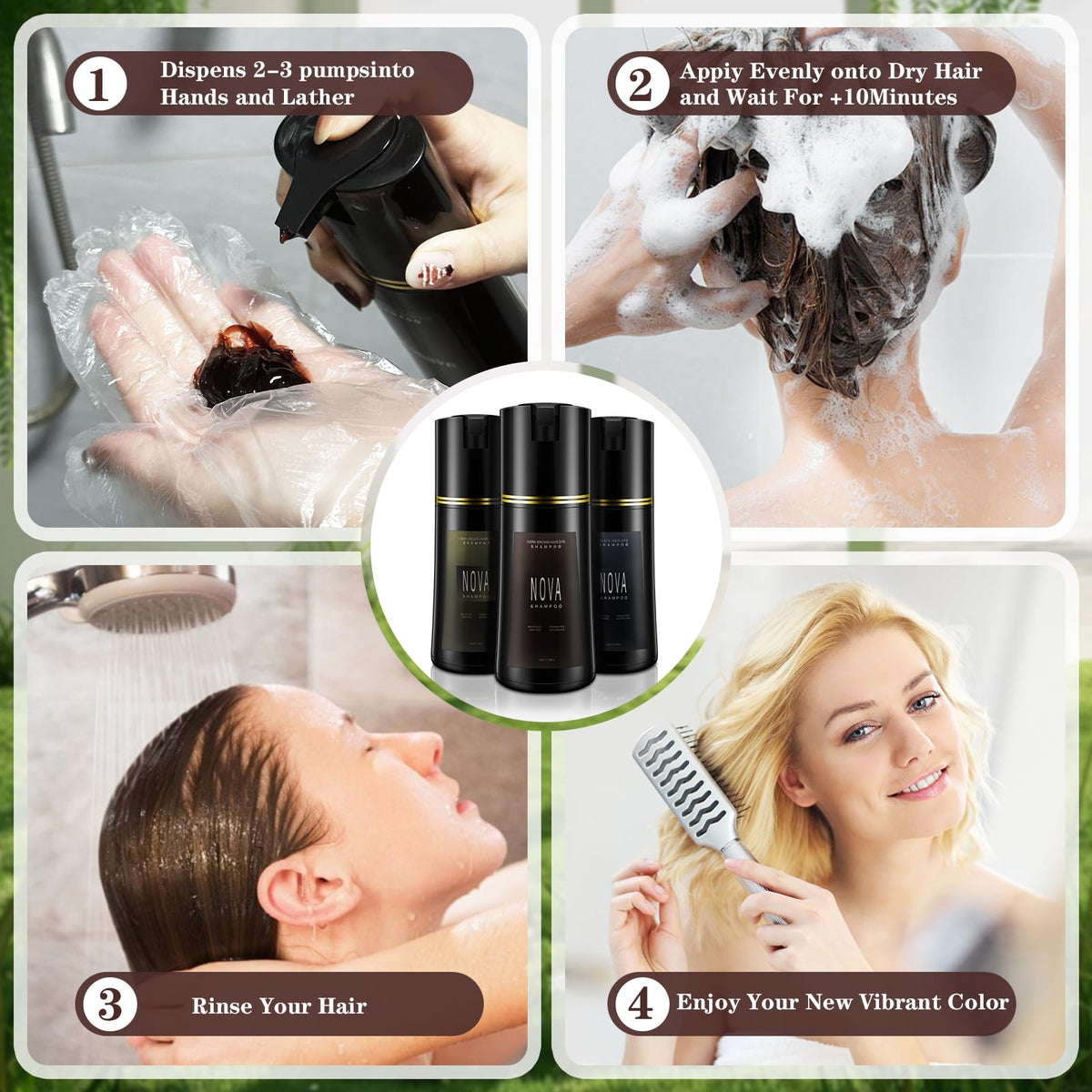 NOVA SHAMPOO label close-up showing botanical ingredients and instructions
