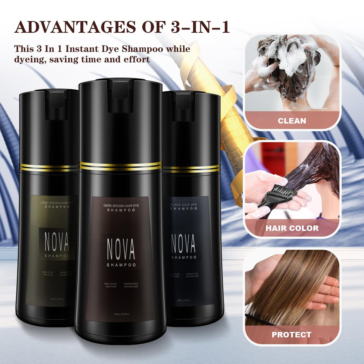 NOVA SHAMPOO on bathroom shelf styled showing effortless at-home use
