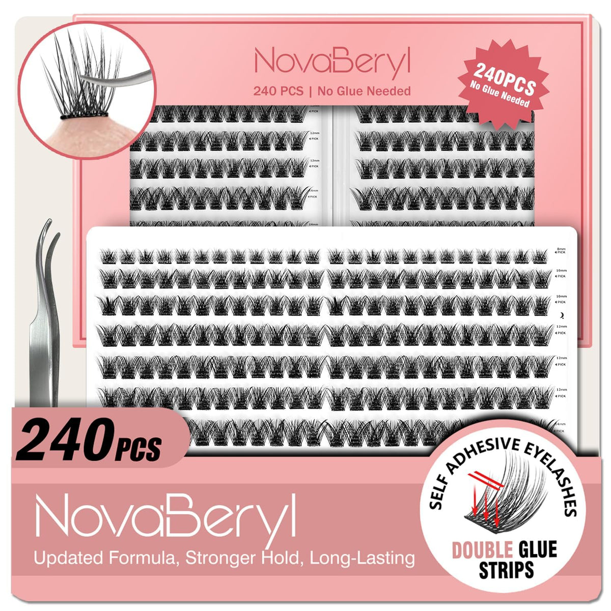 NovaBeryl front packaging showing 240PCS set and included tweezers, easy use