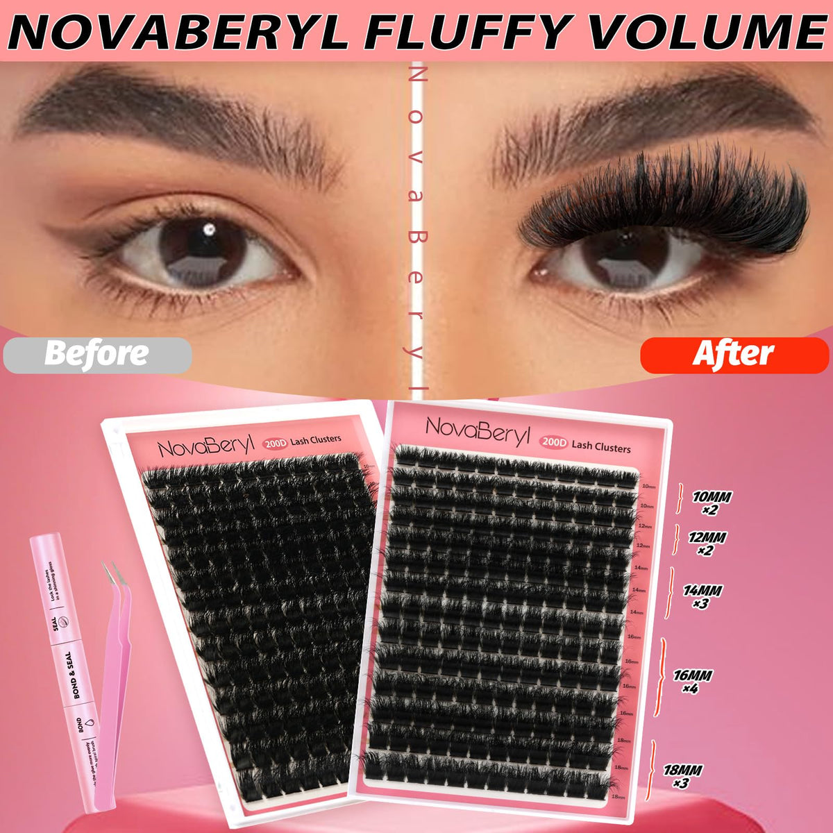 NovaBeryl worn lashes front view highlighting fluffy dramatic volume