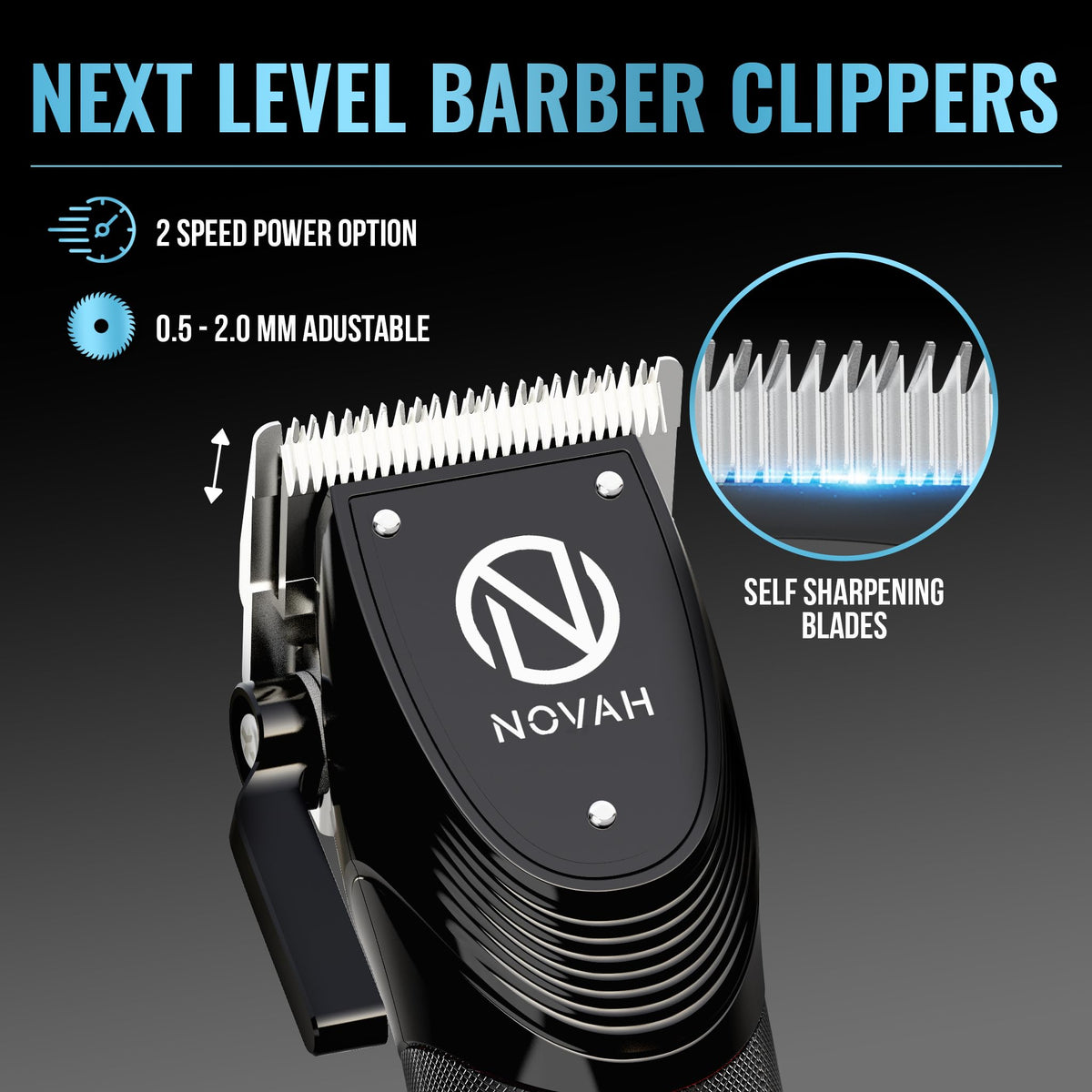 Novah close-up of self-sharpening blades demonstrating durable sharp cutting