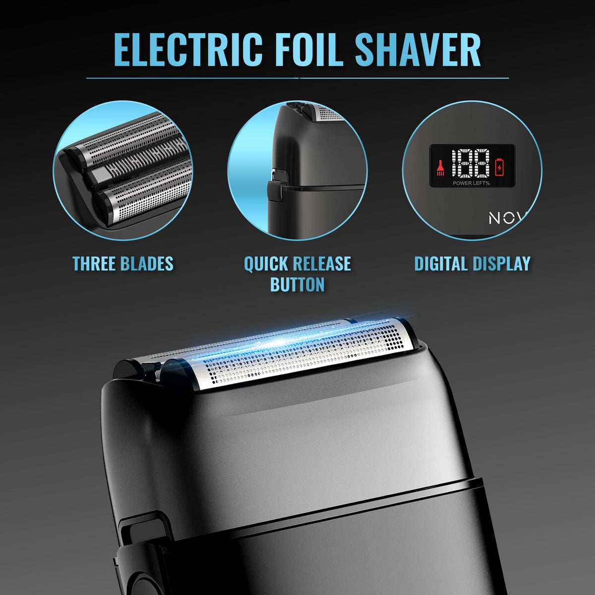 Novah Grooming foil shaver close-up showing sharp blades for cleaner finish