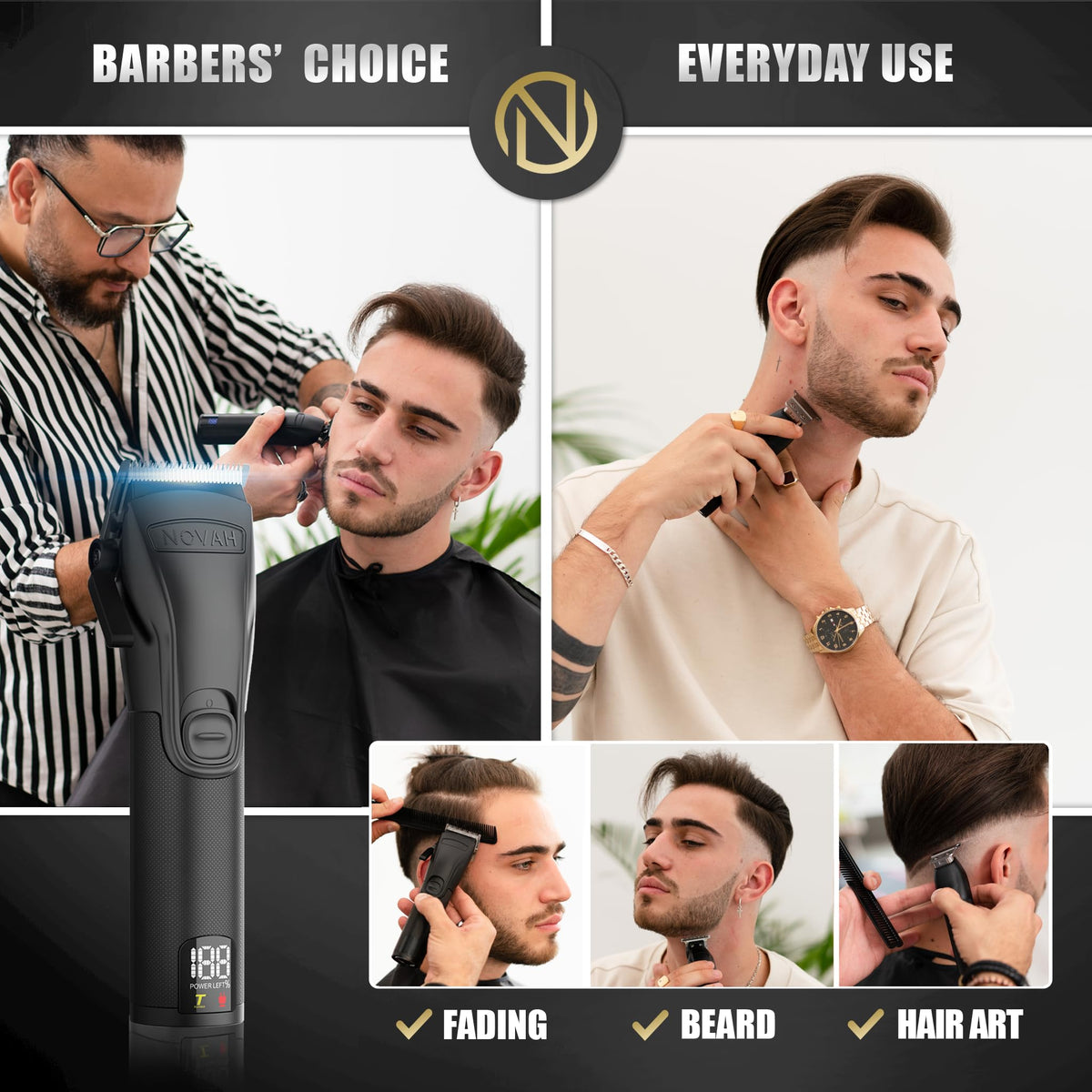 Novah Grooming clippers held in hand demonstrating cross-etch grip to reduce fatigue