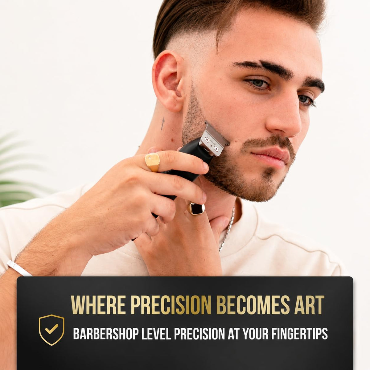 Novah in barber station lifestyle shot showing professional use and polished results