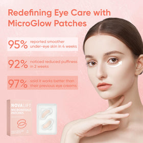 NOVALIFT patch applied under eye demonstrating smoothing and de-puffing effect