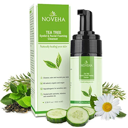 NOVEHA front bottle shot showing gentle eyelid cleanser benefits