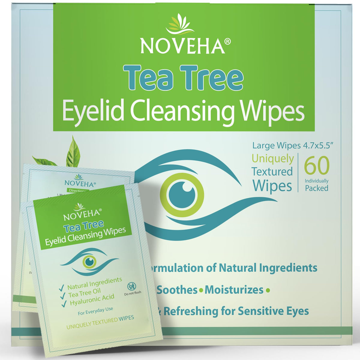 NOVEHA front packaging showing 60 individually wrapped wipes, travel-ready convenience