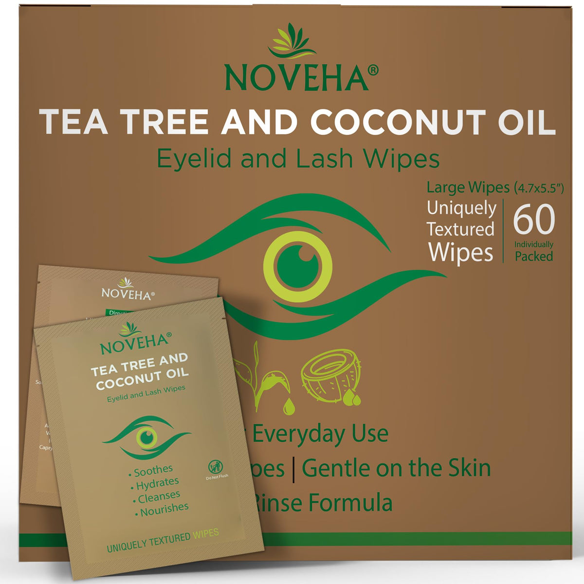 NOVEHA front packaging showing 60 individually wrapped eyelid wipes, convenient for daily care