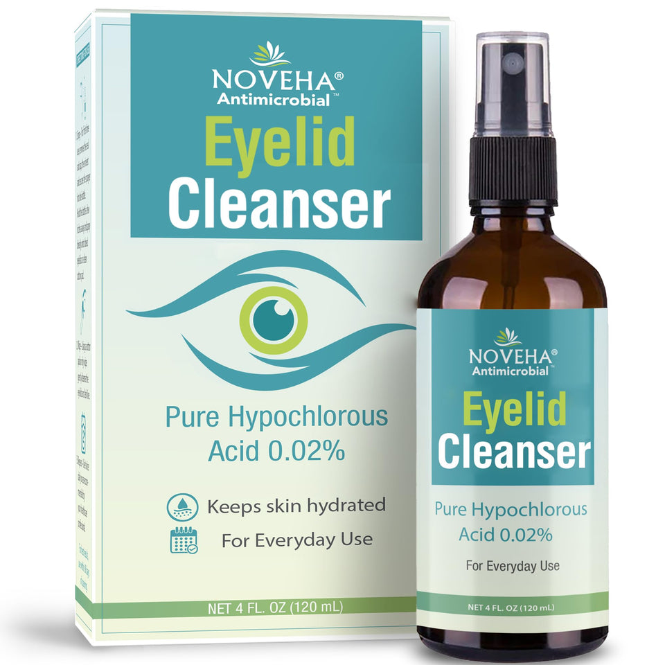 NOVEHA front bottle view showing gentle eyelid cleanser for daily hygiene