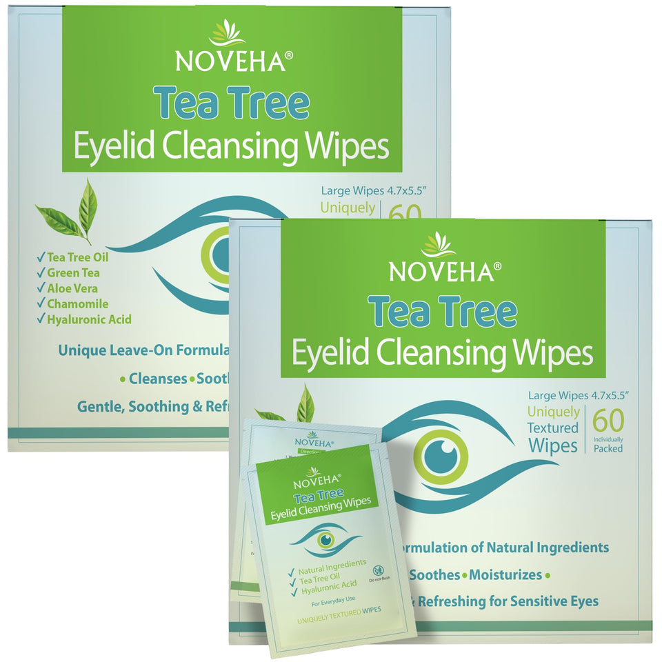 NOVEHA front packaging showing 120 individual eyelid wipes for convenient hygiene