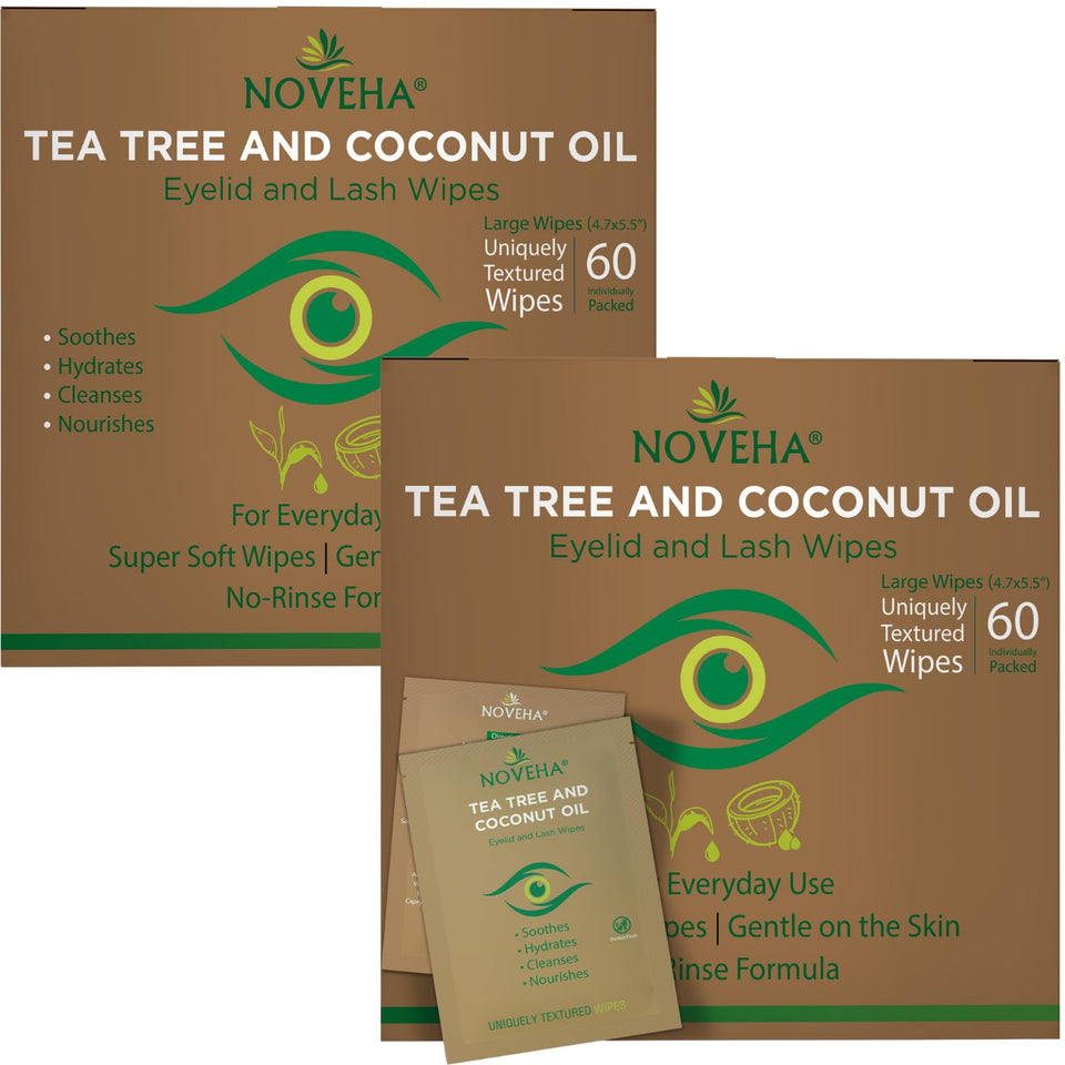 NOVEHA front packaging showing two-pack and wipe count for travel convenience