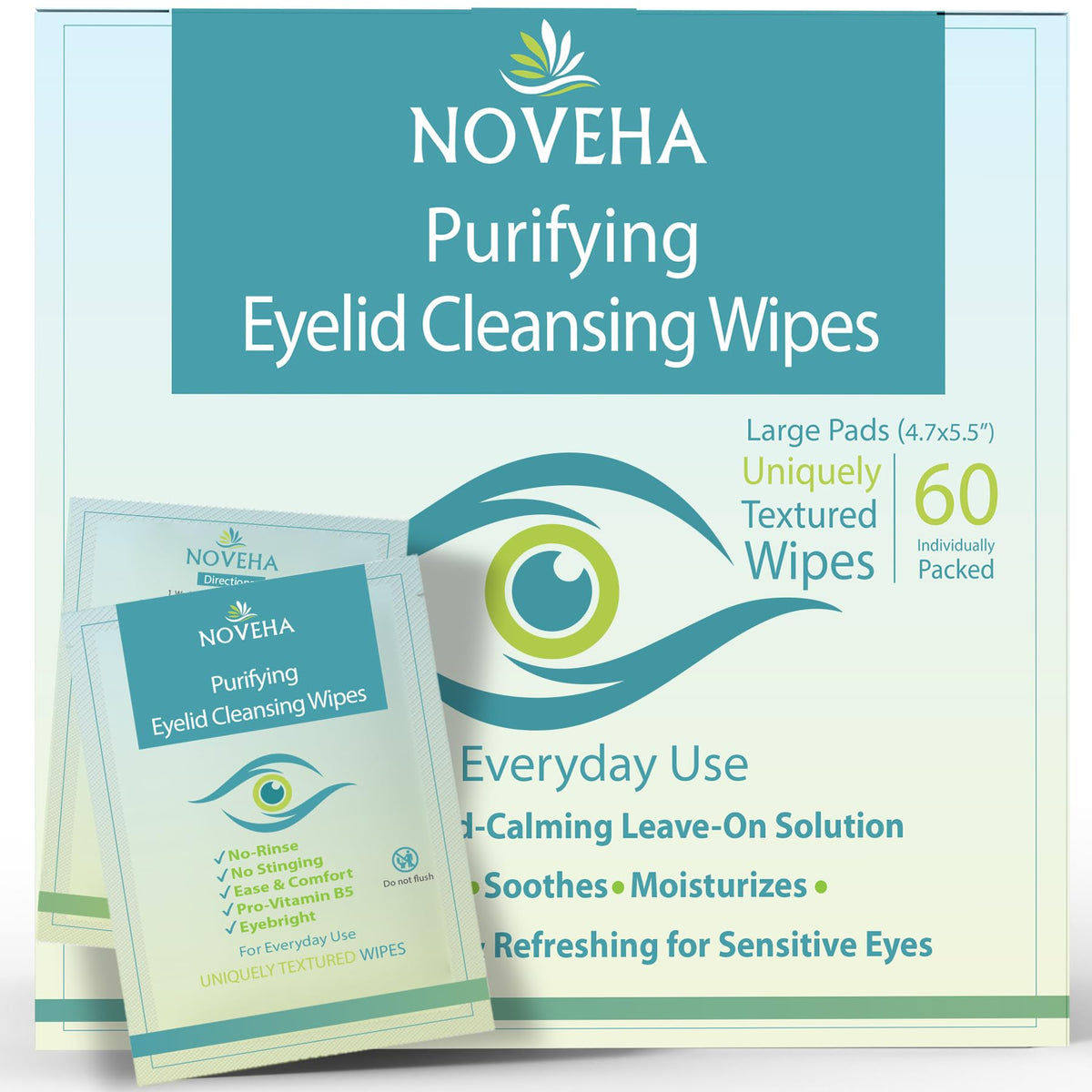 noveha front packaging showing pack of 60 wipes and clear benefits