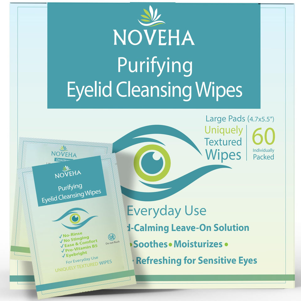 noveha front packaging showing pack of 60 wipes and clear benefits