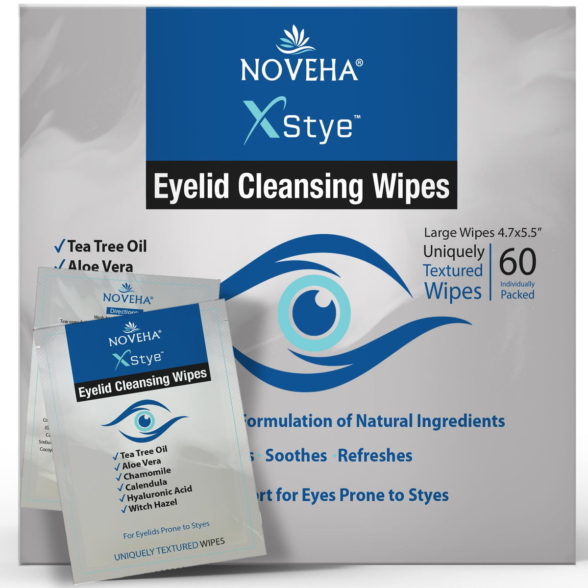 NOVEHA front packaging showing 60 individually wrapped eyelid wipes and benefits