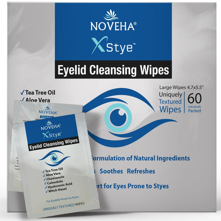 NOVEHA front packaging showing 60 individually wrapped eyelid wipes and benefits