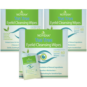 NOVEHA front packaging showing 180 individually wrapped eyelid wipes and benefits
