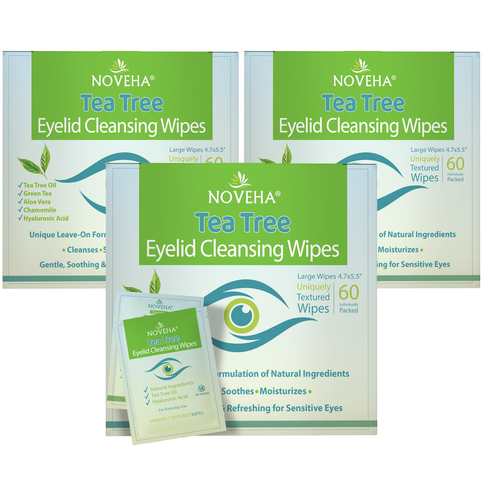 NOVEHA front packaging showing 180 individually wrapped eyelid wipes and benefits