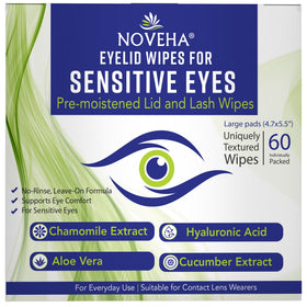 NOVEHA front packaging showing 60 individually wrapped eyelid wipes for convenience