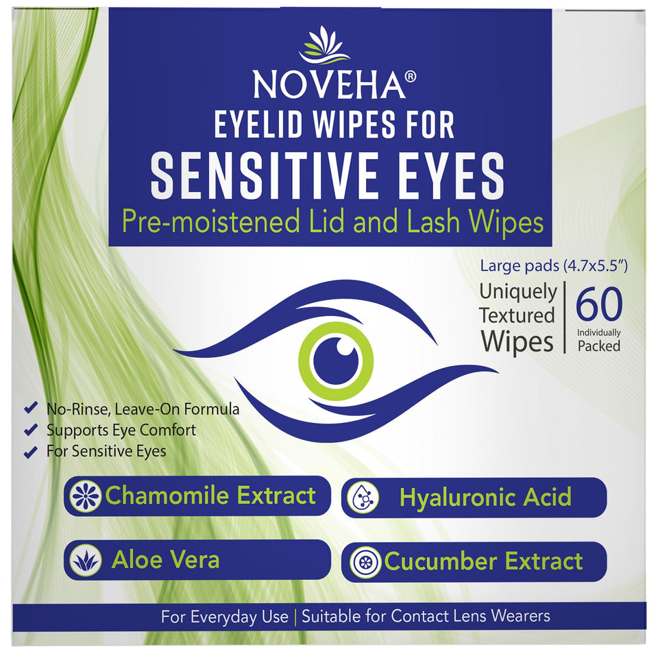 NOVEHA front packaging showing 60 individually wrapped eyelid wipes for convenience