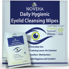 NOVEHA front packaging showing 60 individually wrapped eyelid wipes for daily hygiene